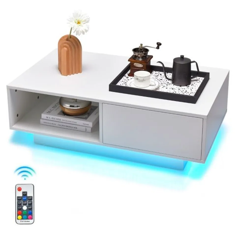 BOXED COSTWAY LED COFFEE TABLE WITH 20 RGB LIGHT COLORS AND STORAGE SHELF - WHITE