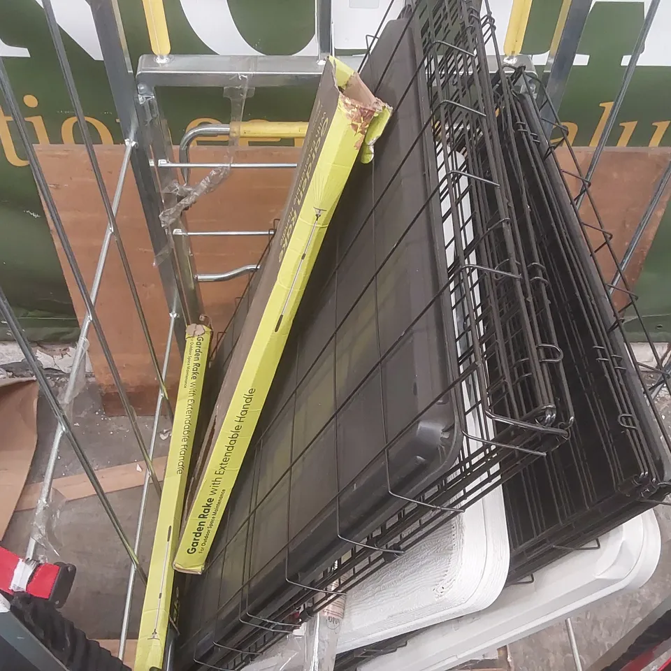 CAGE CONTAINING A LARGE QUANTITY OF ASSORTED ITEMS INCLUDING: GARDEN RAKE, FOLDING TABLES, TODDLER TOILET SEAT, WRAPPING PAPER ECT // CAGE NOT INCLUDED