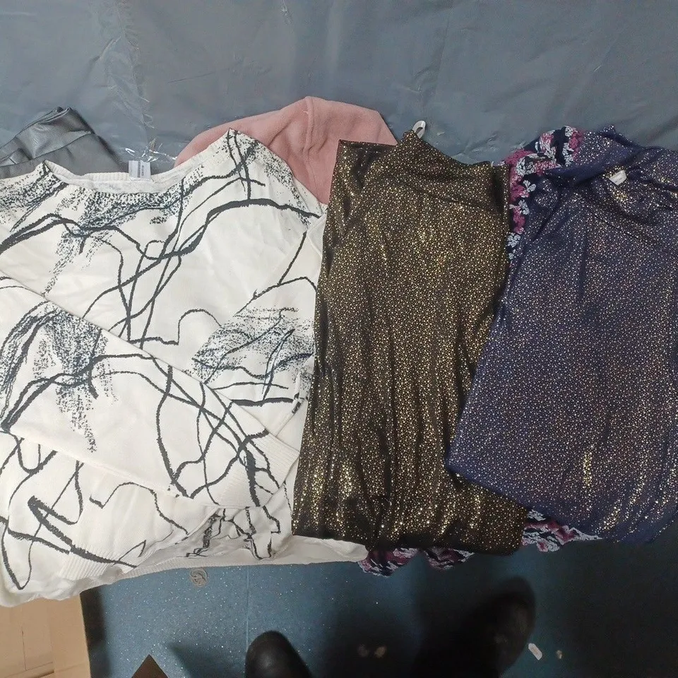 BOX OF APPROXIMATELY 10 ASSORTED PIECES OF CLOTHING IN VARIOUS STYLES, SIZES, AND BRANDS 