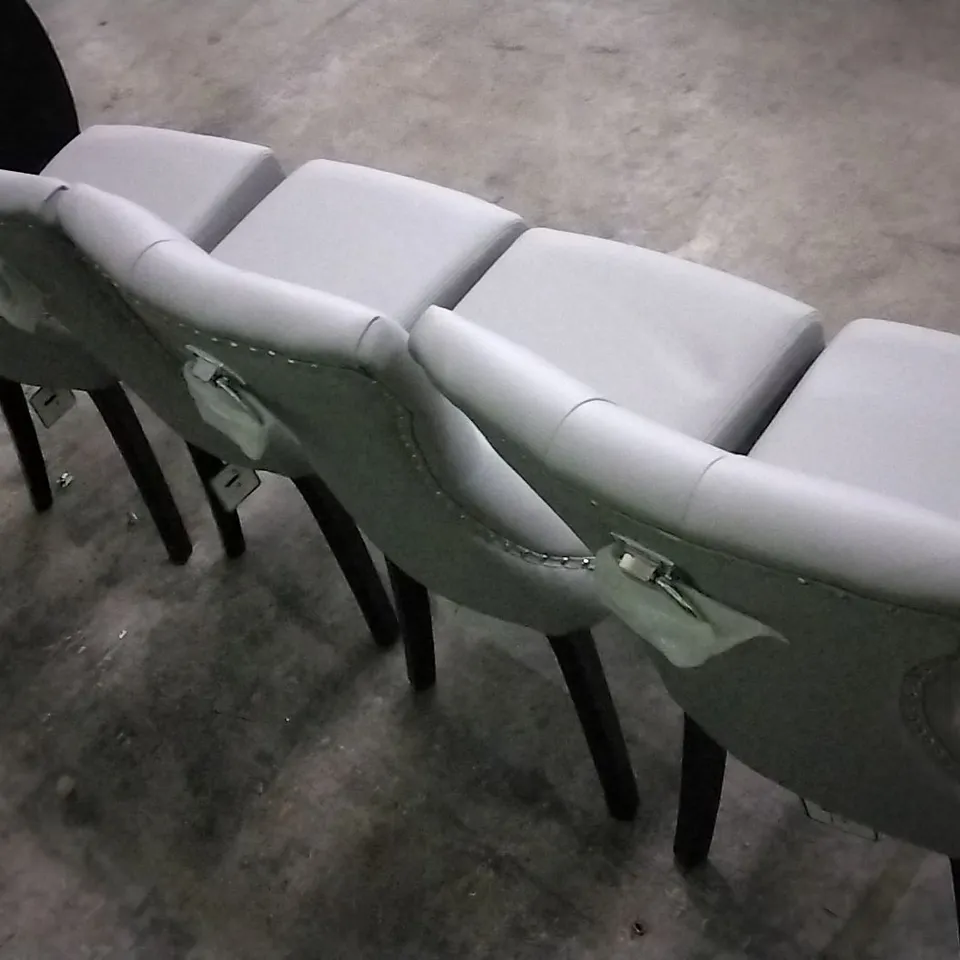SET OF 4 LIGHT GREY LEATHER BUTTONBACK STUDDED DINING CHAIRS WITH KNOCKER BACKS AND BLACK WOODEN LEGS