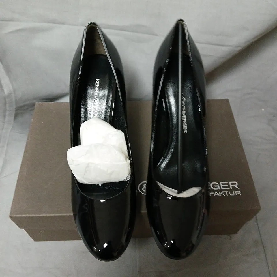 KENNEL & SCHMENGER BLACK PATENT LEATHER HIGH-HEELED PUMPS – BOXED SIZE 6.5