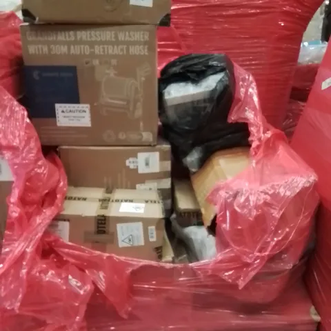 PALLET CONTAINING VARIOUS ASSORTED BOXED HOUSEHOLD ITEMS TO INCLUDE: PRESSURE WASHER WIYH 30M HOSE AND LOTS MORE UNMARKED BOXED ITEMS