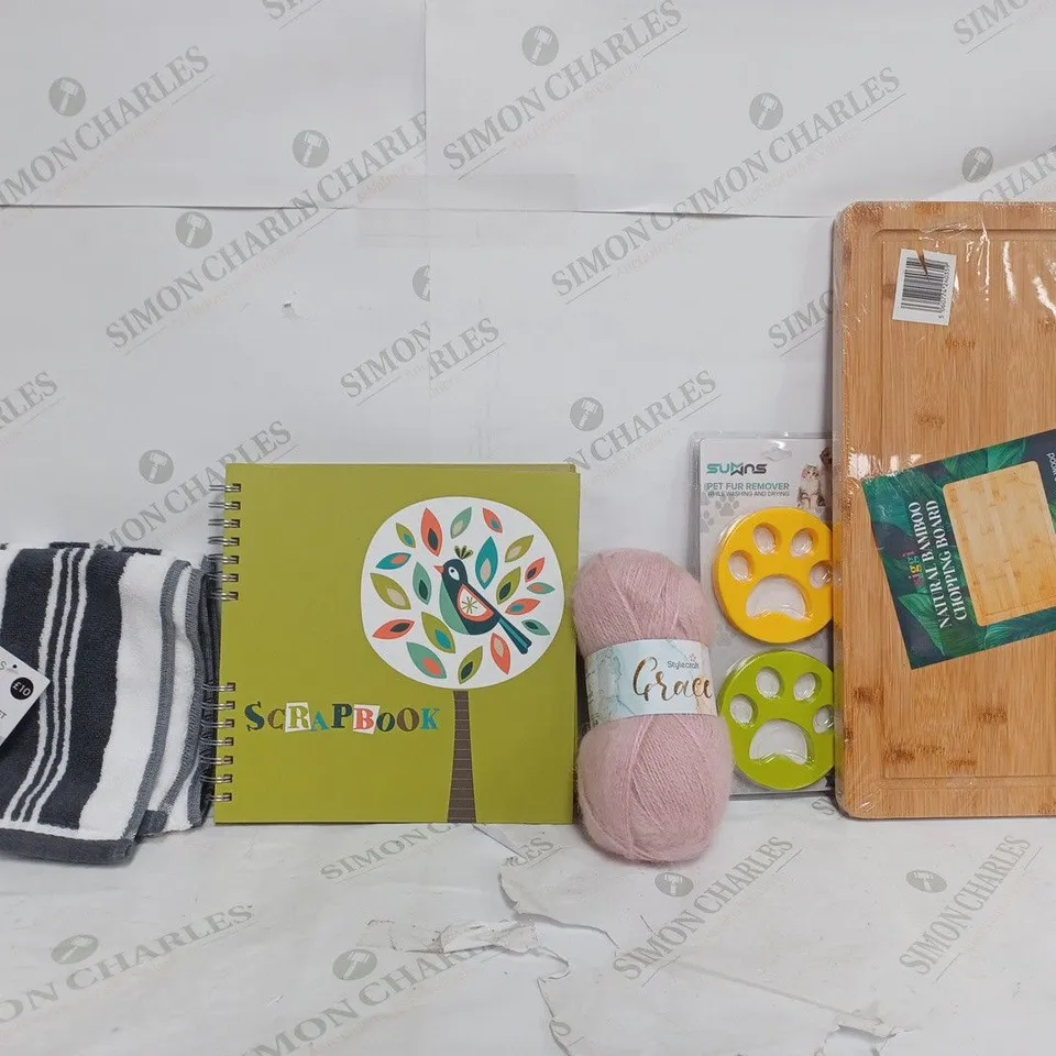 BOX OF APPROX 30 ASSORTED ITEMS TO INCLUDE - M&S SUPER SOFT COTTON HAND TOWEL - SCRAPBOOK - NATURAL BAMBOO CHOPPING BOARD ECT 