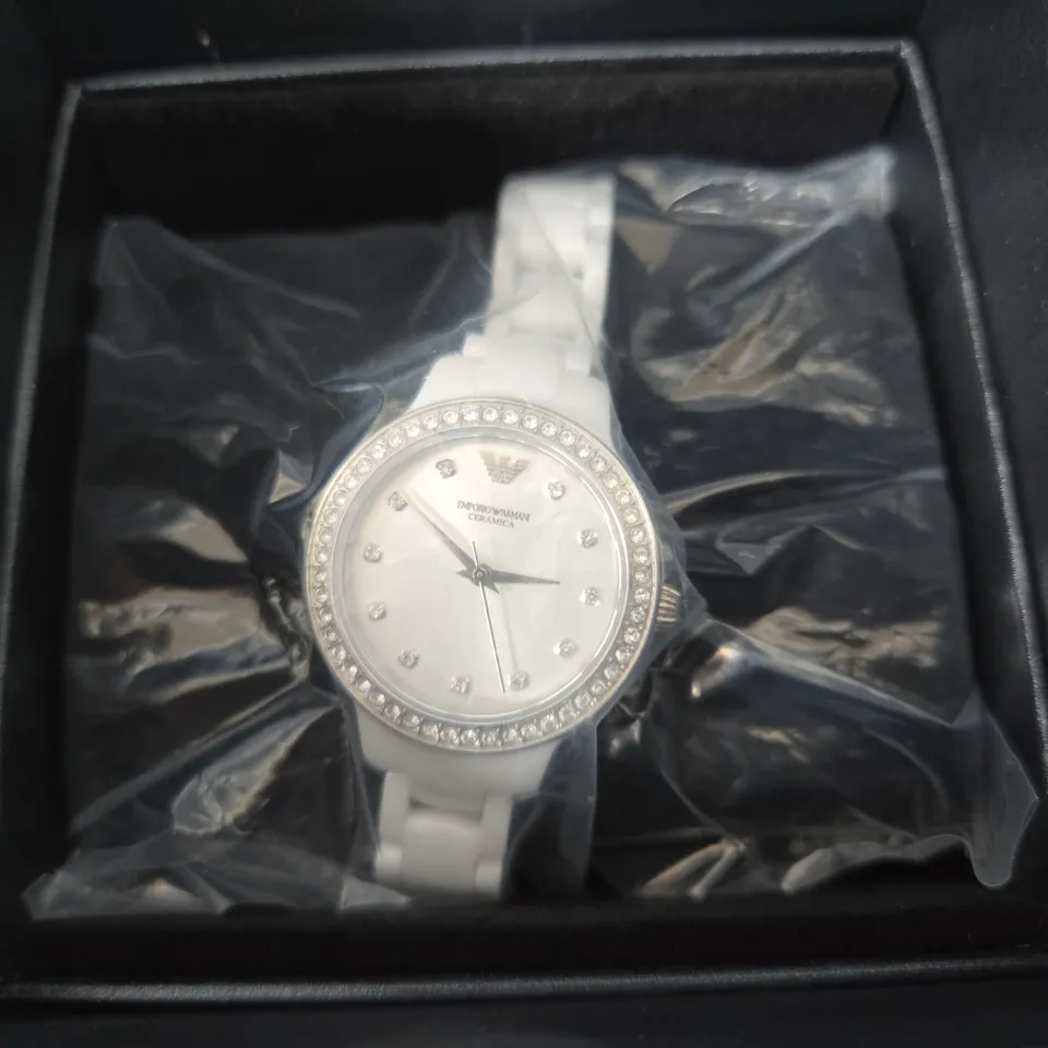 BOXED EMPORIO ARMANI WOMEN'S THREE-HAND, SILVER AND WHITE CERAMIC WATCH
