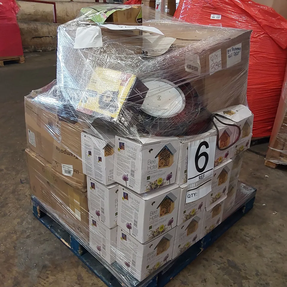 PALLET OF ASSORTED ITEMS INCLUDING: WOOD BURNING FIREPIT, ROBOT VACUUM, BEE HOTELS ECT.