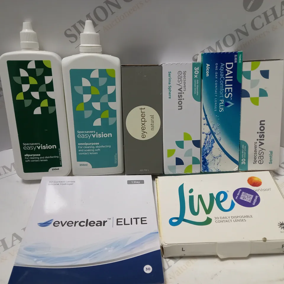 BOX OF APPROX 25 ASSORTED CONTACT LENSES AND CONTACT LENSE SOLUTIONS