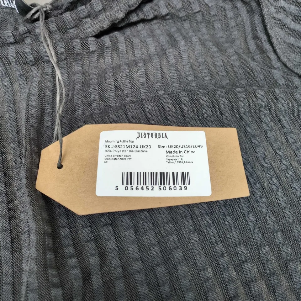 DISTURBIA MOURNING RUFFLE TOP – BLACK STRIPE, UK 20 (US 16 / EU 48)