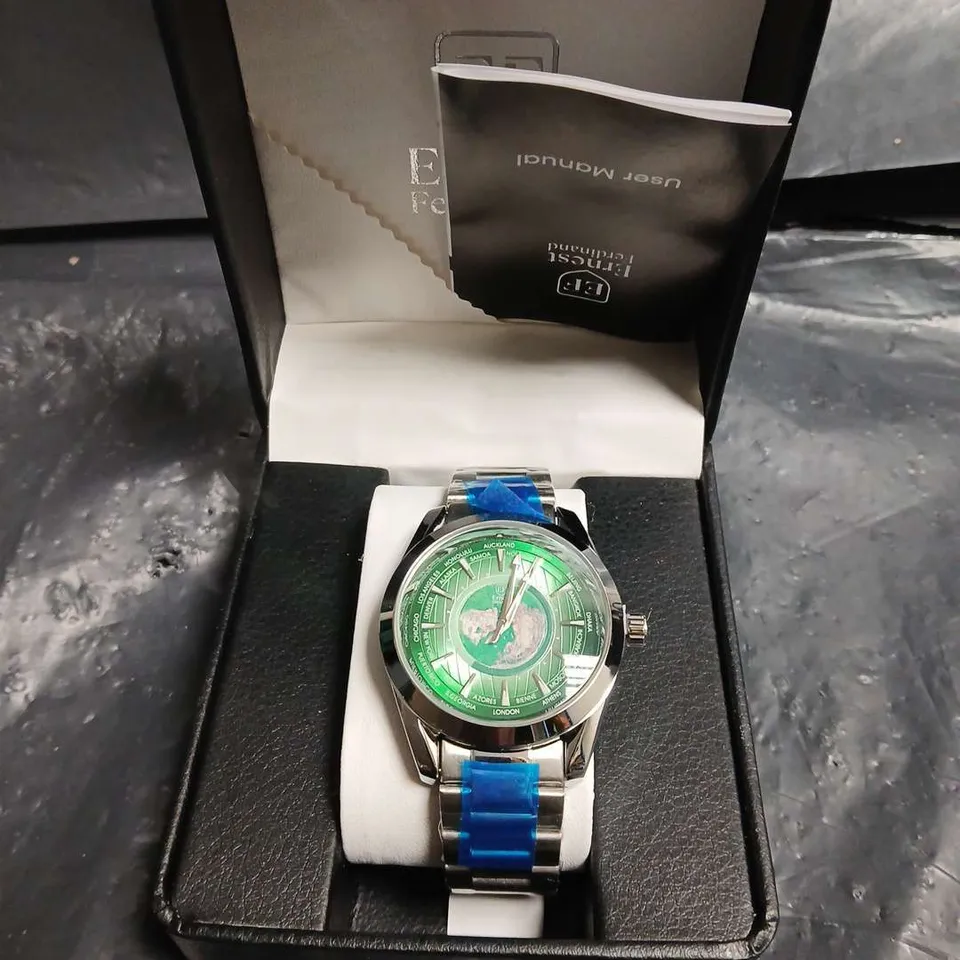 MENS ERNEST FERDINAND WATCH – GLOBAL DIAL – STAINLESS STEEL STRAP – 3ATM WATER RESISTANT - GIFT BOX