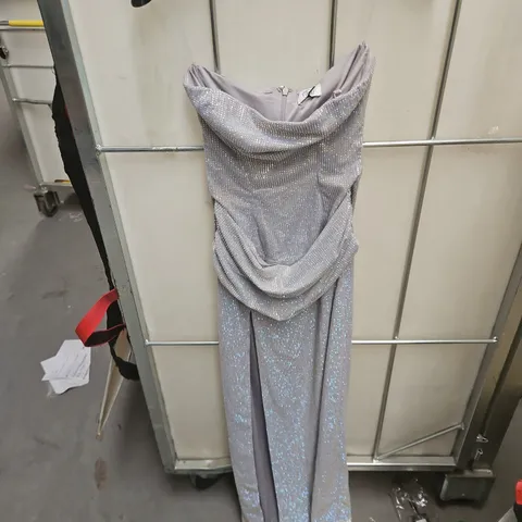 OH POLLY SILVER SEQUIN EVENING DRESS WITH CRYSTAL EMBELLISHMENTS, STRAPLESS SIZE 6