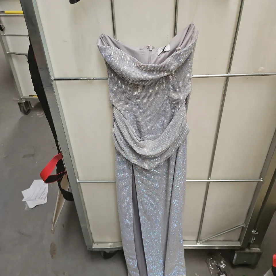 OH POLLY SILVER SEQUIN EVENING DRESS WITH CRYSTAL EMBELLISHMENTS, STRAPLESS SIZE 6