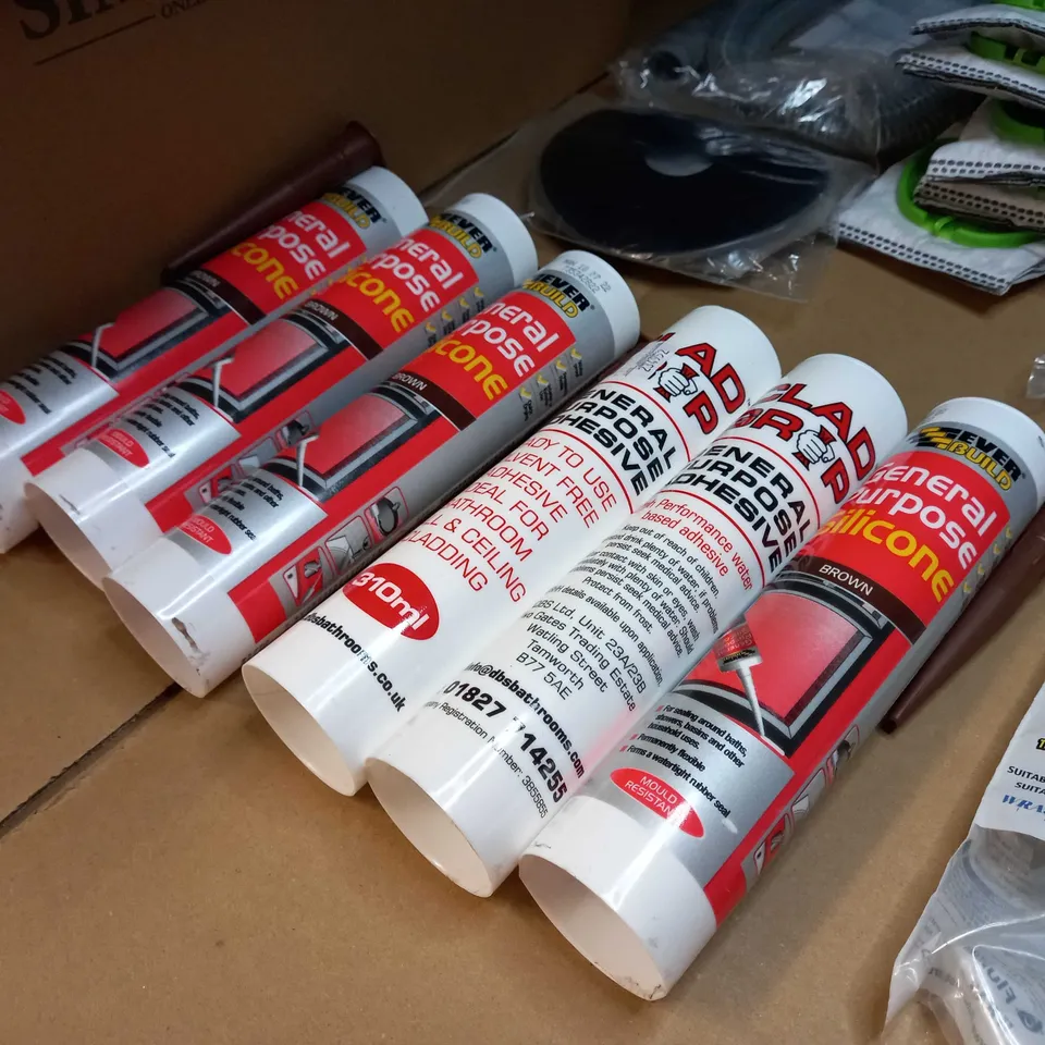 LOT OF APPROX 15 ASSORTED HOUSEHOL/ DIY RELATED ITEMS TO INCLUDE: ALL PURPOSE ADHESIVE, SILICONE, CLICK SEAL