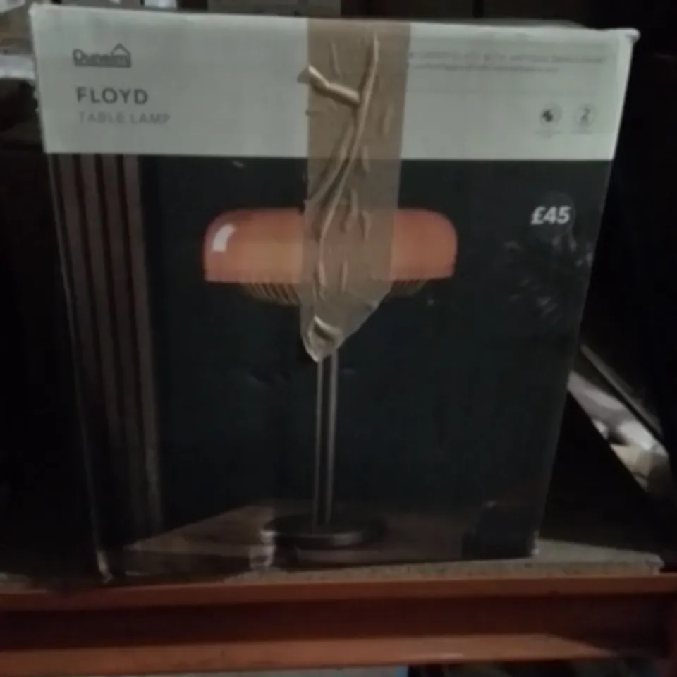 BOXED FLOYD TABLE LAMP ORANGE GLASS AND GREEN GLASS WITH BRASS PAINT