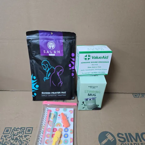 BOX OF APPROXIMATELY 15 ASSORTED HOUSEHOLD ITEMS TO INCLUDE SALAH GUIDED PRAYER MAT, VALUEAID ADHESIVE WOUND DRESSINGS AND A MATCHA FUEL STIRRING MUG