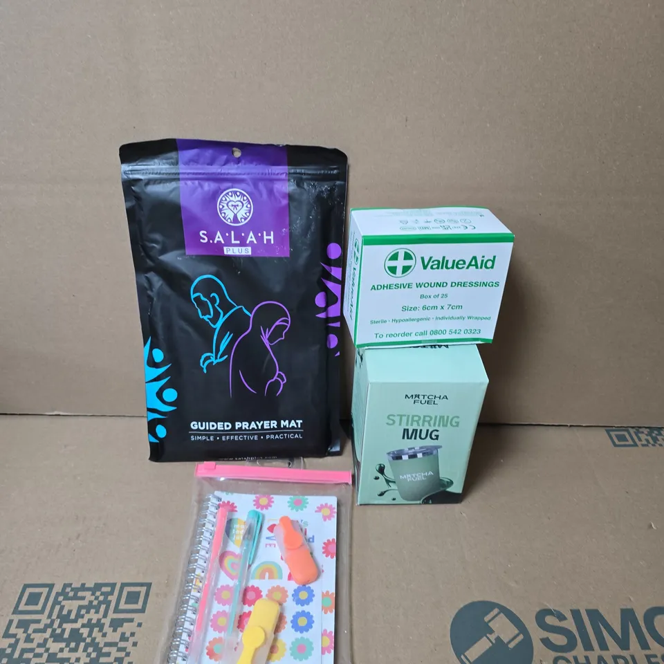 BOX OF APPROXIMATELY 15 ASSORTED HOUSEHOLD ITEMS TO INCLUDE SALAH GUIDED PRAYER MAT, VALUEAID ADHESIVE WOUND DRESSINGS AND A MATCHA FUEL STIRRING MUG