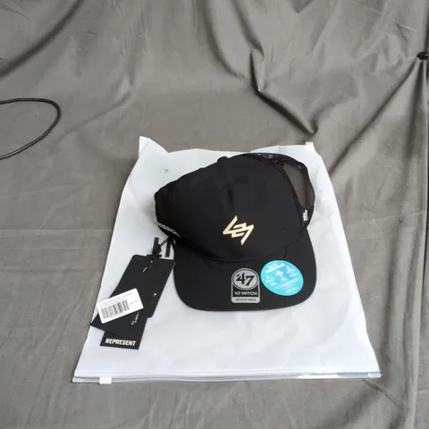 REPRESENT 47 LOGO TRUCKER CAP - JET BLACK, ONE SIZE 