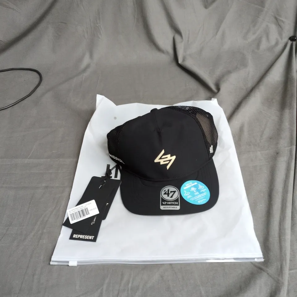 REPRESENT 47 LOGO TRUCKER CAP - JET BLACK, ONE SIZE 