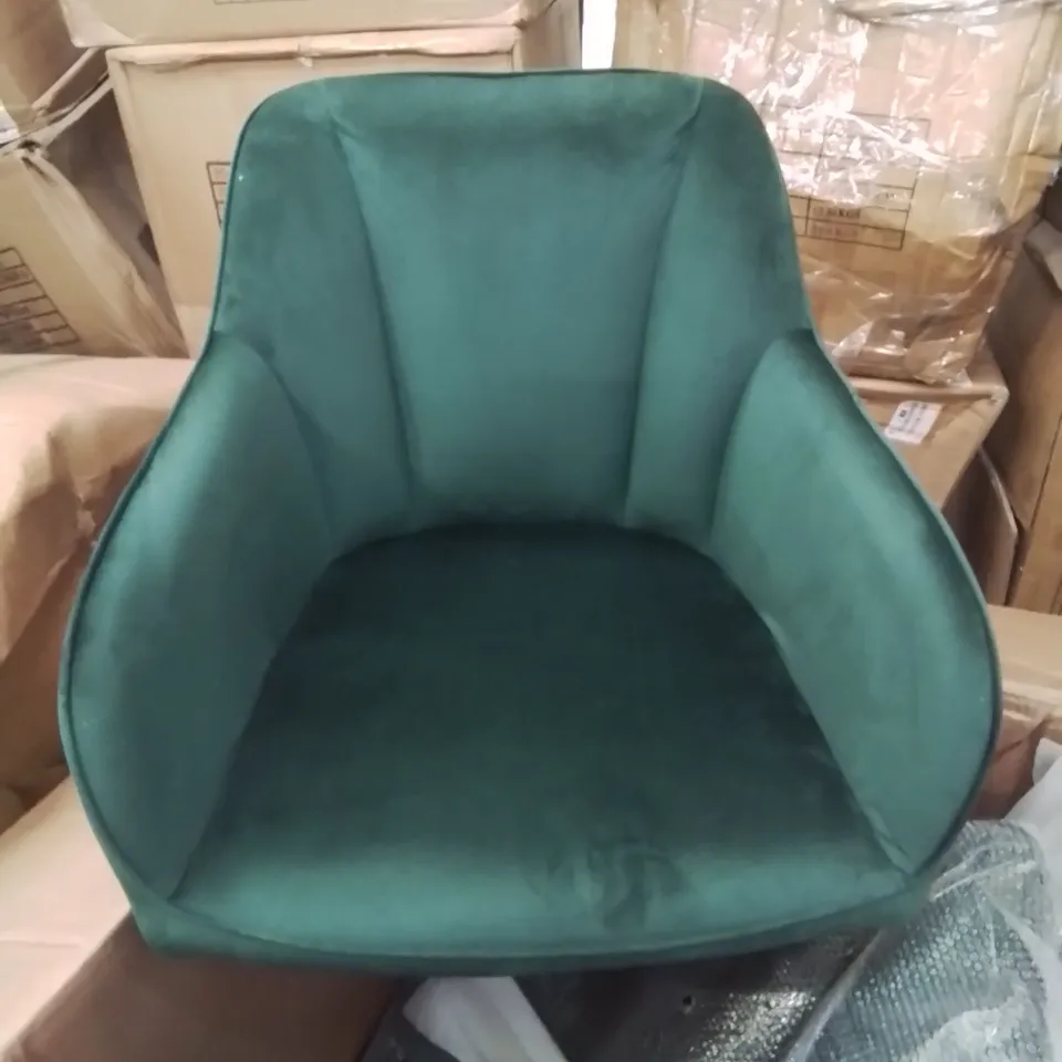 A BOXED PAIR OF VELVET UPHOLSTERED GREEN SIDE CHAIRS