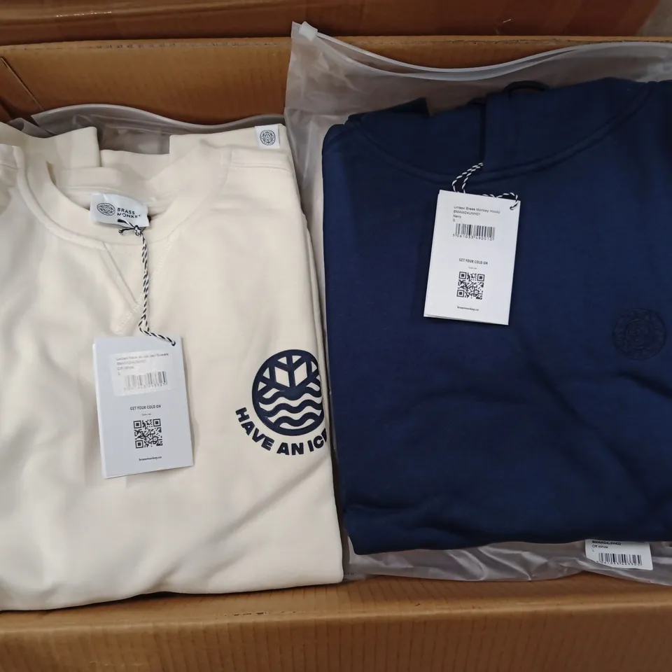 BOX OF MIXED ASSORTMENT OF BRAND NEW BRASS MONKEY CLOTHING ITEMS INCLUDING - SWEATERS, HOODIES,  - MIXED SIZES - APPROXIMATELY 16X ITEMS