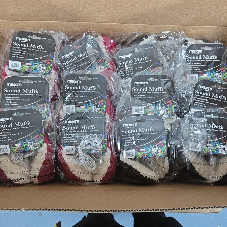 BOX OF APPROXIMATELY 16 MAXIM SOUND MUFFS – MIXTURE OF PINK & BLACK KNITTED EARMUFFS WITH BUILT-IN SPEAKERS (3.5MM)