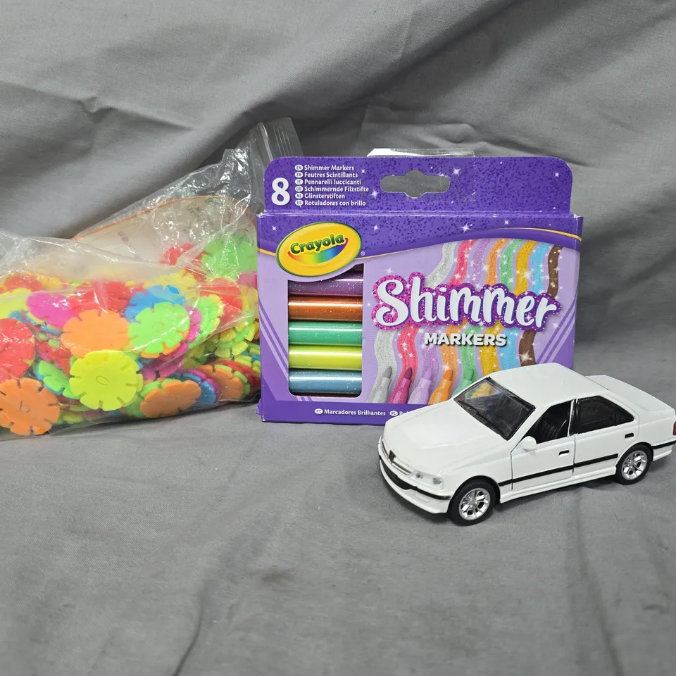 APPROXIMATELY 10 ASSORTED TOYS AND GAMES TO INCLUDE SHIMMER MARKERS, ETC