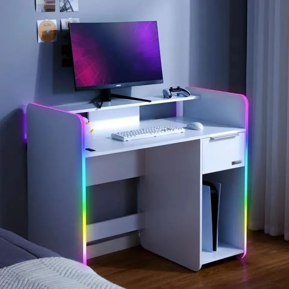 BOXED X-ROCKER ELECTRA RGB GAMING DESK 110CM WIDE PC COMPUTER TABLE DRAWER SHELF APP CONTROLLED LED LIGHTS & WIRELESS CHARGING - WHITE (2 BOXES)