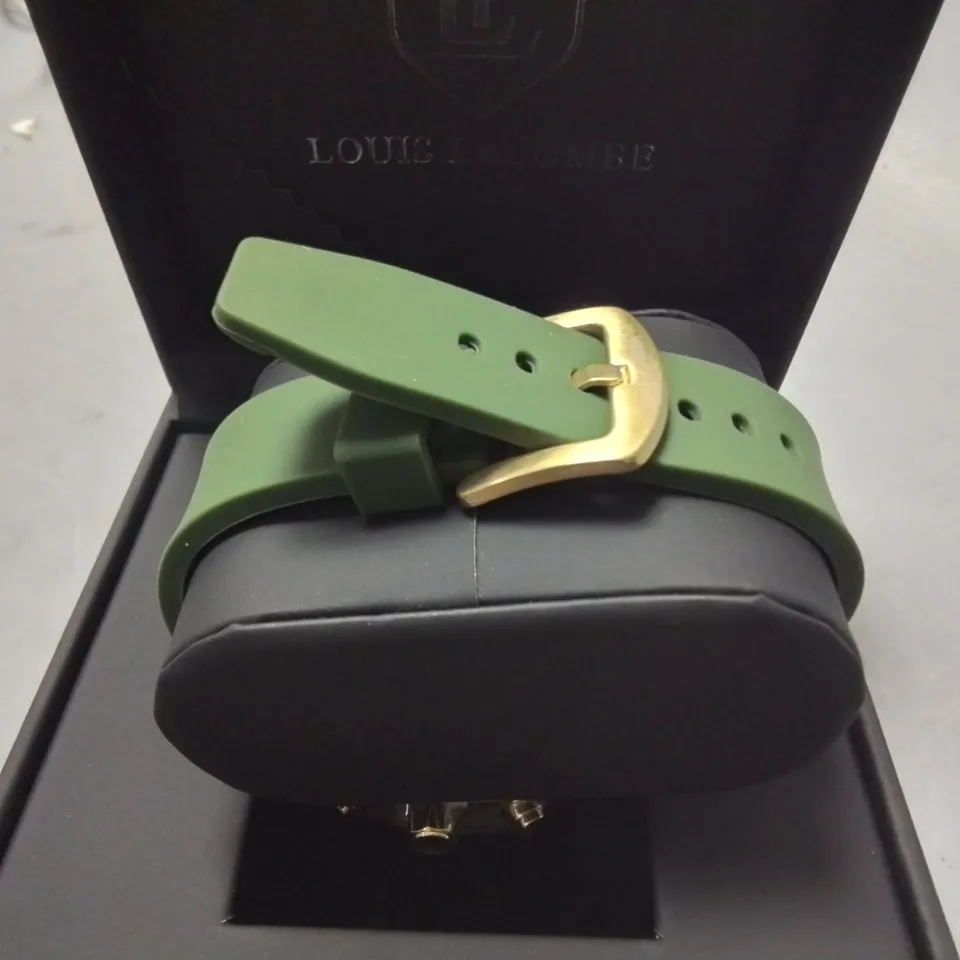 LOUIS LACOMBE GENTS STAINLESS STEEL CHRONOGRAPH WATCH WITH GREEN RUBBER STRAP IN GIFT BOX