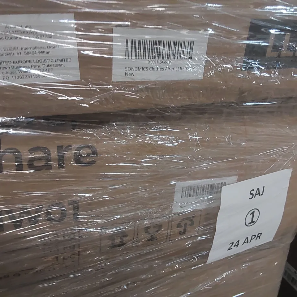 PALLET CONTAINING A LARGE QUANTITY OF ASSORTED FURNITURE INCLUDING: SHOE BOX, CAT TREES, STORAGE OTTOMAN, LAUNDRY BASKET ECT