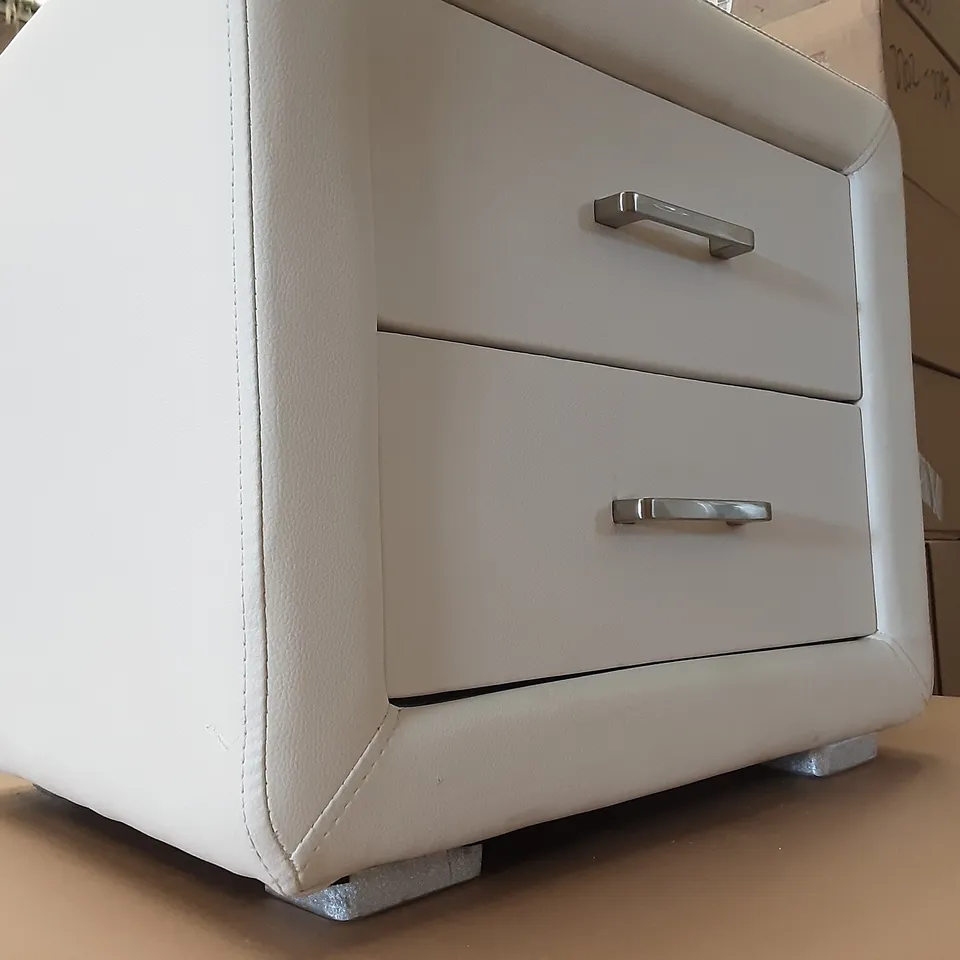 BOXED DESIGNER LEATHER NIGHT STAND WITH SILVER HARDWARE - WHITE 