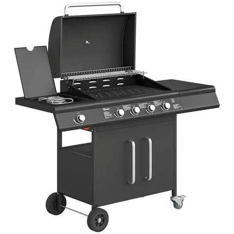 BOXED OUTSUNNY 4+1 BURNER GAS BBQ GRILL WITH STORAGE CABINET, 15.2 KW GAS BARBECUE TROLLEY WITH SIDE TABLE, 4 WHEELS, WARMING RACK
