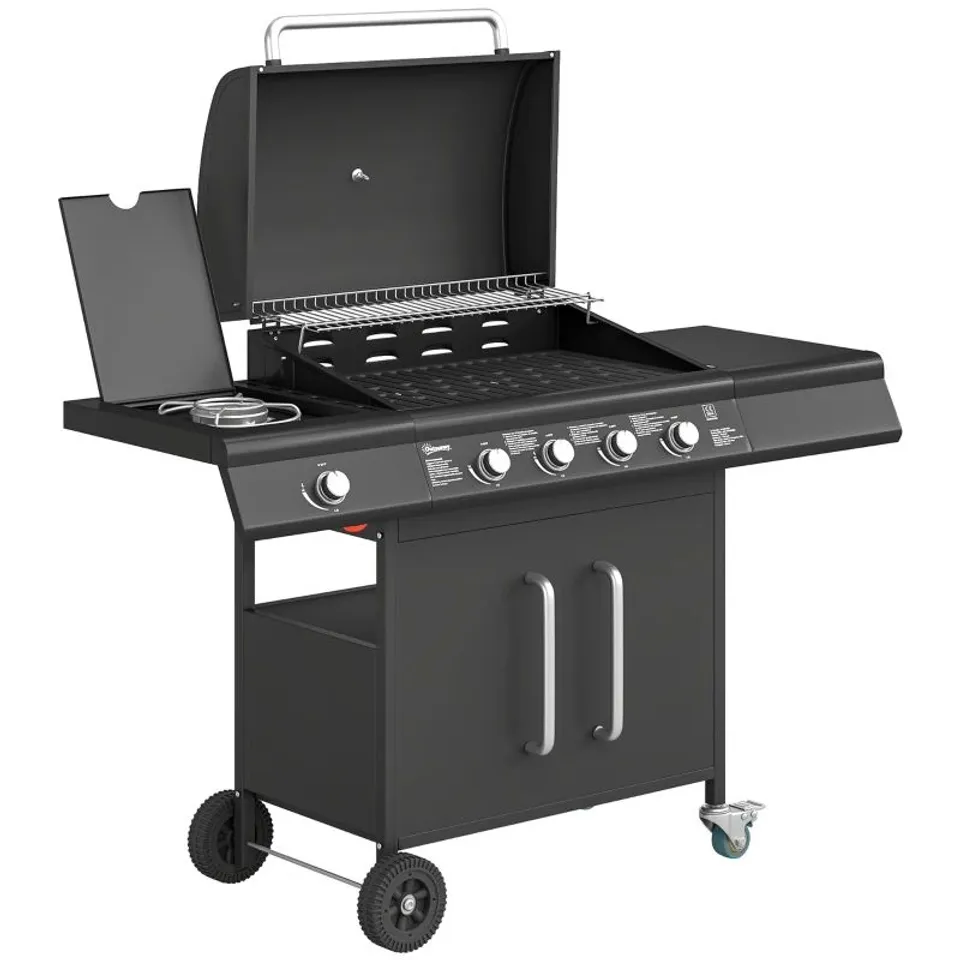 BOXED OUTSUNNY 4+1 BURNER GAS BBQ GRILL WITH STORAGE CABINET, 15.2 KW GAS BARBECUE TROLLEY WITH SIDE TABLE, 4 WHEELS, WARMING RACK