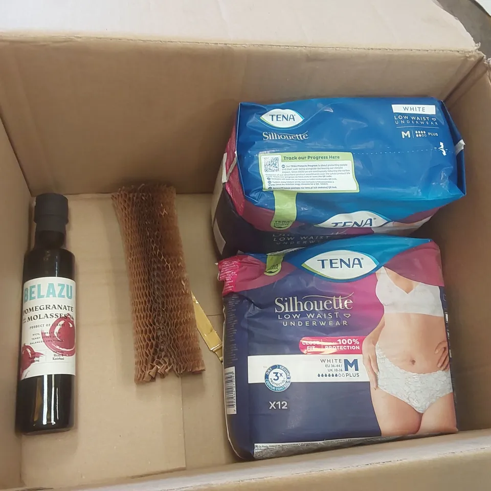 BOX CONTAINING 400 COTTON WOOL BALLS, 2x 12PCS TENA UNDERWEAR, BELAZU POMEGRANATE MOLASSES