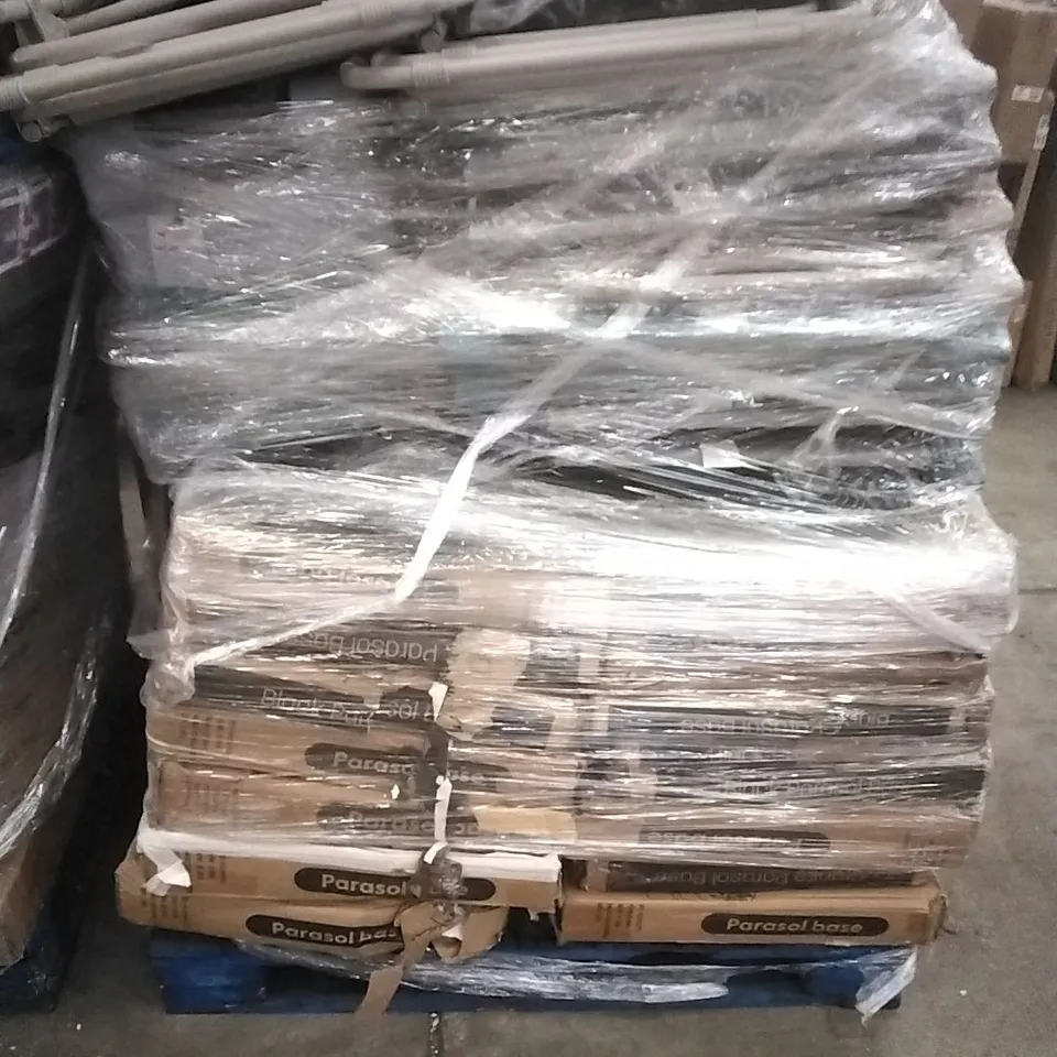 A PALLET CONTAINING A LARGE QUANTITY OF ASSORTED HOUSEHOLD GOODS WHICH INCLUDE; PARASOL BASES,FOLDING CHAIRS, SUITCASE ETC 