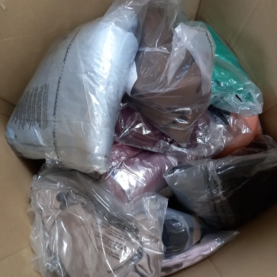 BOX OF APPROXIMATELY 20 ASSORTED ITEMS TO INCLUDE BLACK TIGHTS, RED SKIRTS, JUMPER ETC