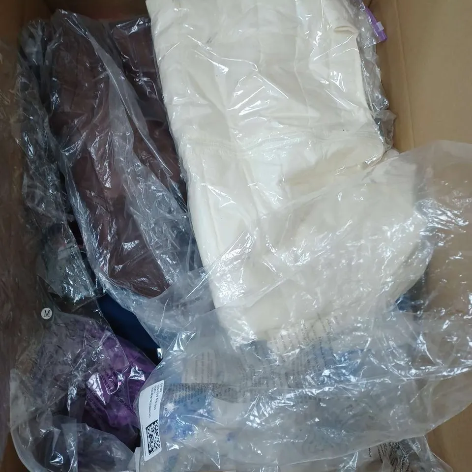 BOX OF APPROXIMATELY 22 ASSORTED CLOTHING ITEMS TO INCLUDE - TROUSERS , BRA , JUMPER ETC