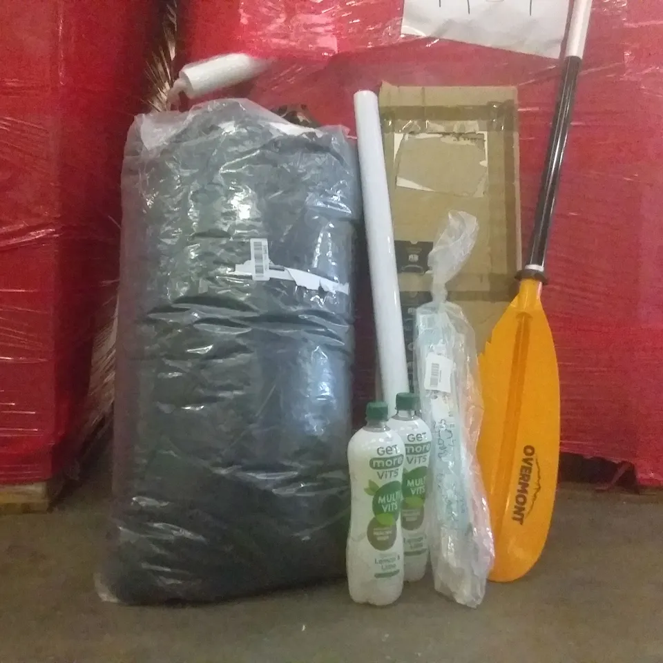 PALLET OF ASSORTED ITEMS INCLUDING BLACK AIR COOLER , DART BOARD , PVC BACKDROP,  GLASS JAR , TENT 
