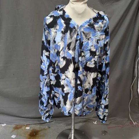 KAFFE VICTORIA BLOUSE – BLACK/BLUE GRAPHIC STROKE PRINT, UK 16 (EU 44)