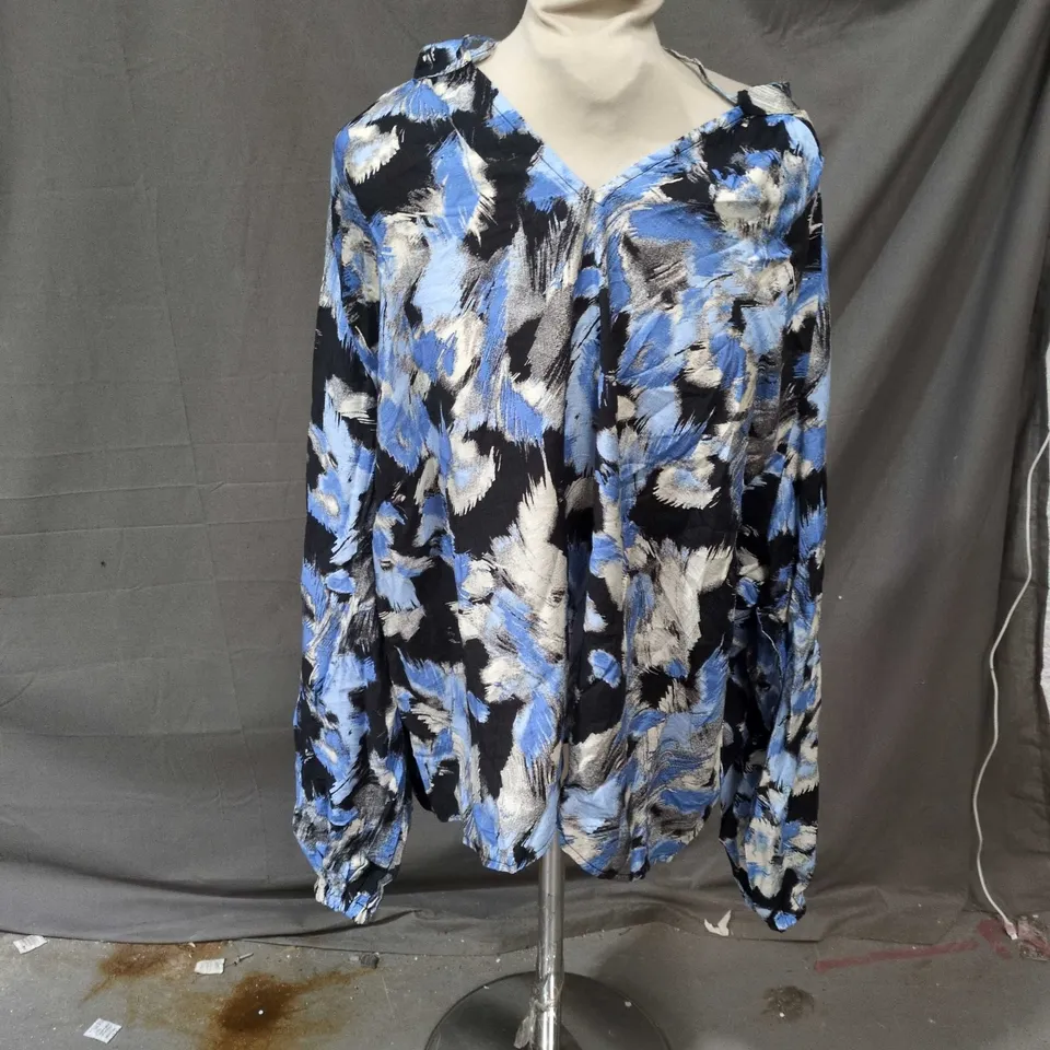 KAFFE VICTORIA BLOUSE – BLACK/BLUE GRAPHIC STROKE PRINT, UK 16 (EU 44)