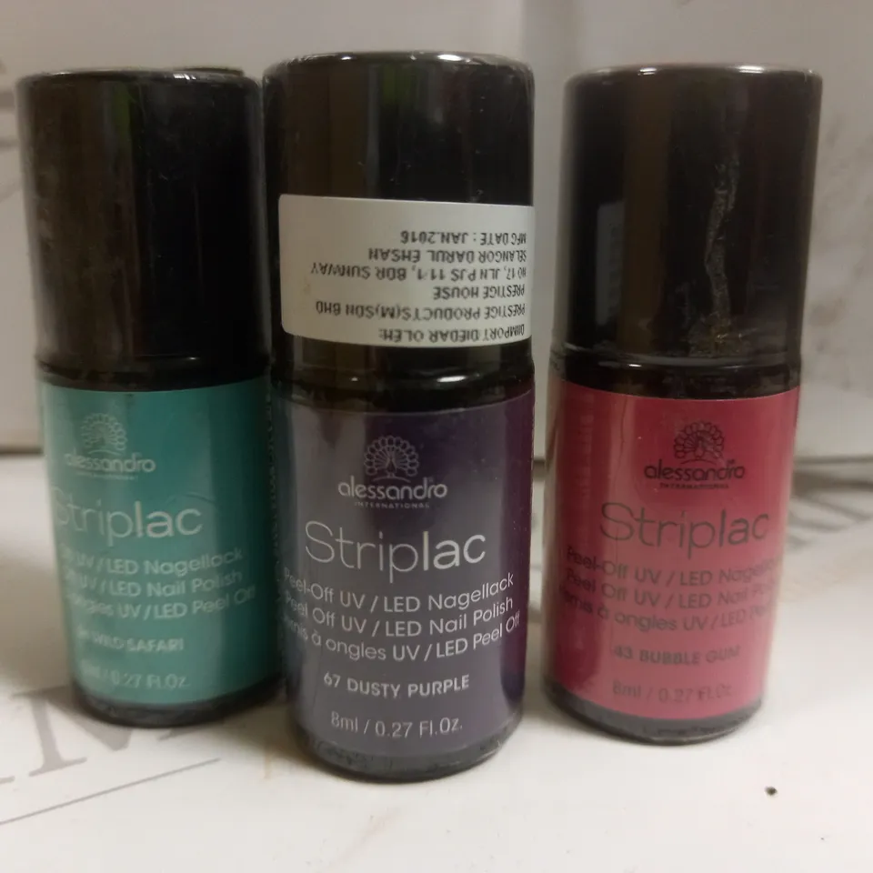 BOX OF APPROX 100 ASSORTED ALESSANDRO STRIPLAC PEEL-OFF UV LED NAIL POLISH #WILD SAFARI #DUSTY PURPLE #bubblegum