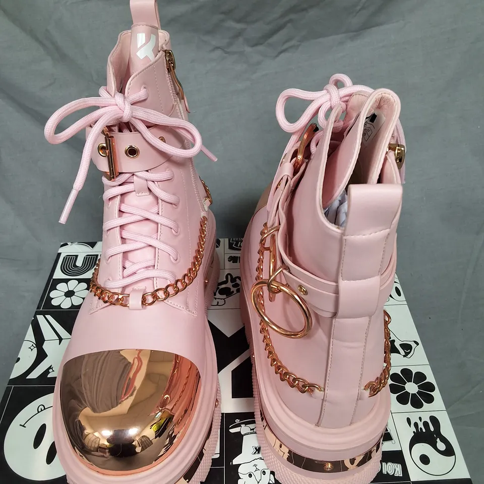 BOXED PAIR OF KOI ROSE GOLD BORIN HARDWARE PLATFORM BOOTS IN PINK/ROSE GOLD SIZE UK 6