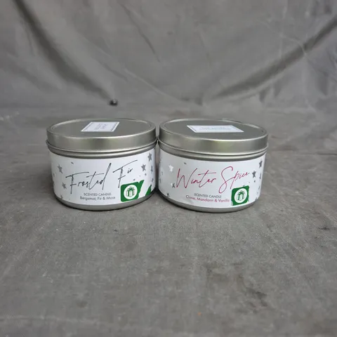 THE WHITE COLLECTION TWO SCENTED CANDLES IN METAL TINS – FROSTED FIR & WINTER SPICE