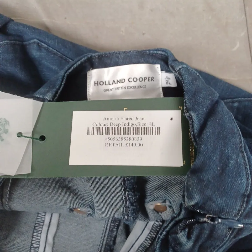 HOLLAND COOPER JEANS – FLARED DENIM, DEEP INDIGO, UK 8 LONG (8L)