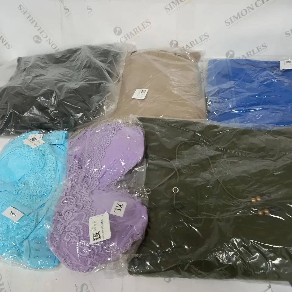 LARGE BOX OF ASSORTED CLOTHING ITEMS IN VARIOUS COLOURS AND SIZES INCLUDING TROUSERS , TOPS AND JUMPERS 