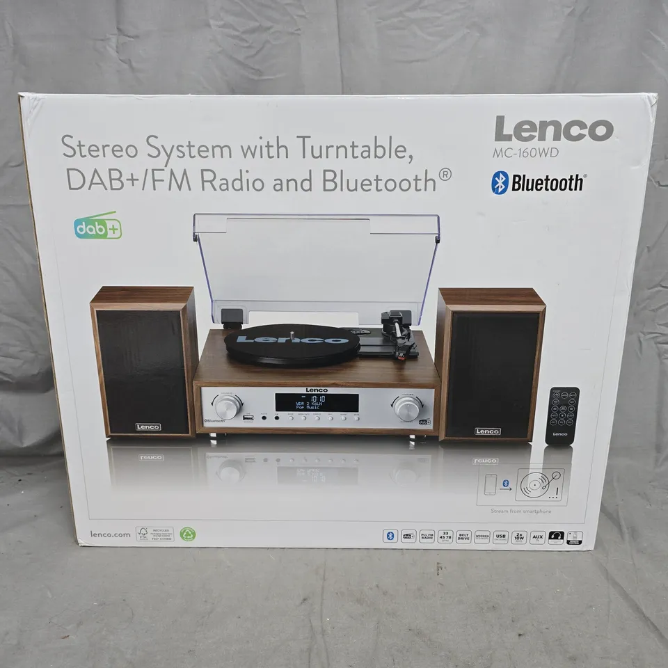 BOXED LENCO MC-160WD STEREO SYSTEM WITH TURNTABLE, DAB+/FM RADIO & BLUETOOTH