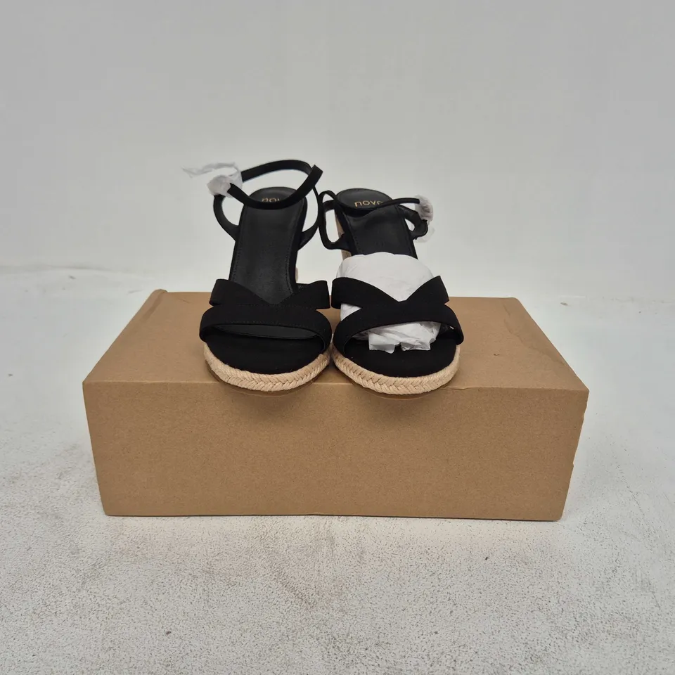 BOXED PAIR OF NOVO BIANCA TWO PART CORK WEDGE SANDALS IN BLACK UK 6