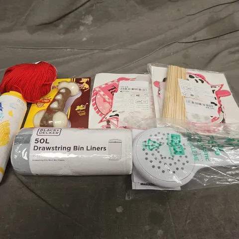 TOTE OF APPROXIMATELY 10 ASSORTED HOUSEHOLD ITEMS TO INCLUDE SHOWER HEADS, SHAKE AND VAC, BIN LINERS