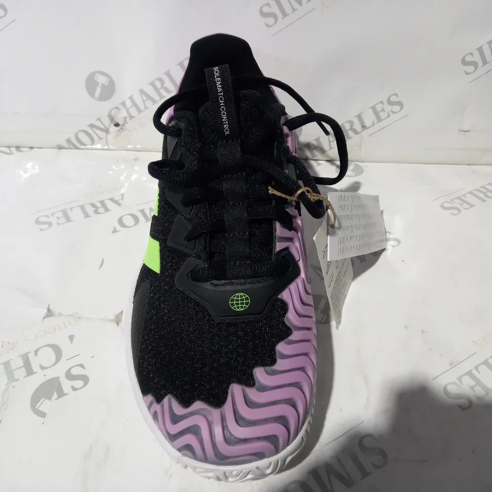 PAIR OF ADIDAS SOLEMATCH CONTROL SHOES IN BLACK/GREEN/PURPLE UK SIZE 8.5