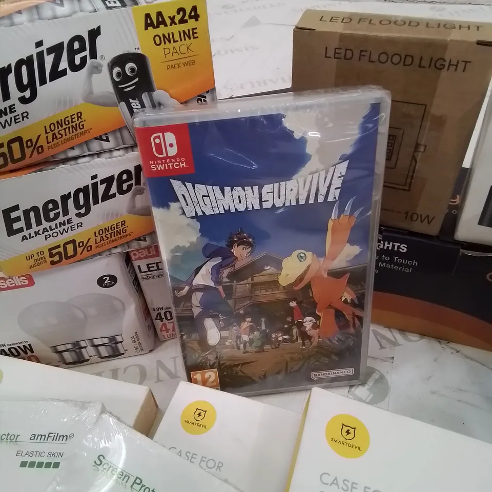 BOX CONTAINING LARGE AMOUNT OF BOXED ELECTRICAL ITEMS TO INCLUDE: DIGIMON SWITCH GAME, AAA BATTERIES, PHONE CASES, SCREEN PROTECTION COVERS, HEADPHONES, SECURITY CAMERAS AND LOTS MORE.