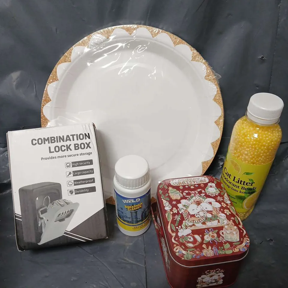 APPROXIMATELY 16 ASSORTED HOUSEHOLD ITEMS TO INCLUDE PAPER PLATES, COMBINATION LOCKBOX, SINK & DRAIN CLEANER, ETC