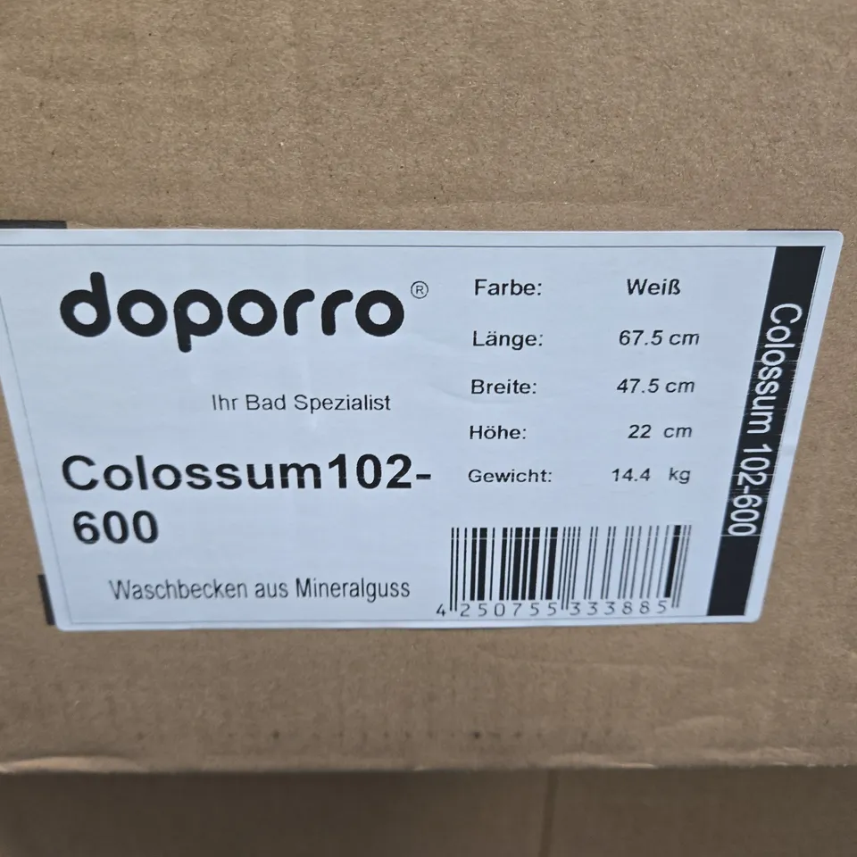 DOPORRO COLOSSUM102-600 WASHBASIN – MINERAL CAST, WHITE