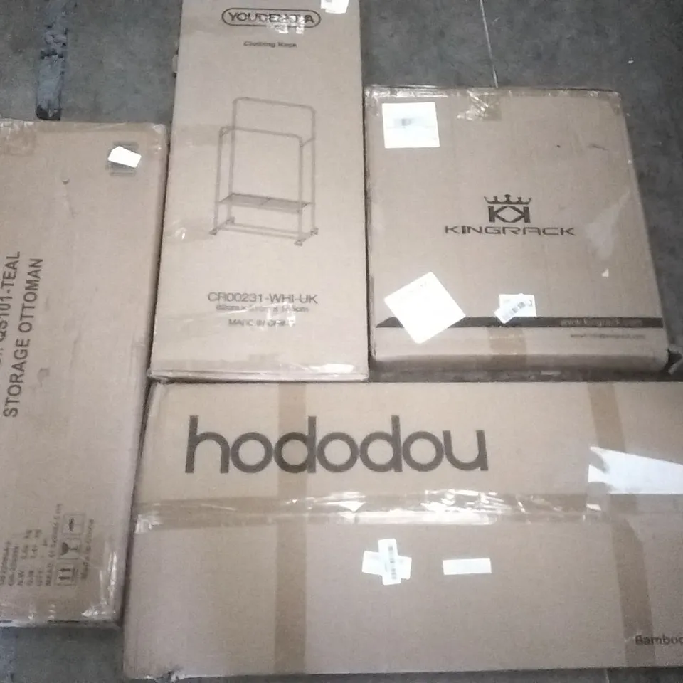 PALLET OF ASSORTED ITEMS INCLUDING HODODOU BAMBOO VERSATILE COAT STAND, YOUDENOVA CLOTHES RACK, HNNHOME STORAGE OTTOMAN, KINGRACK